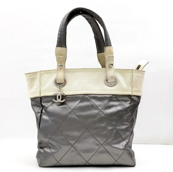 CHANEL Handbags - CHANEL Silver Leather & Canvas Tote Handbag Bag Purse 100% Authentic.